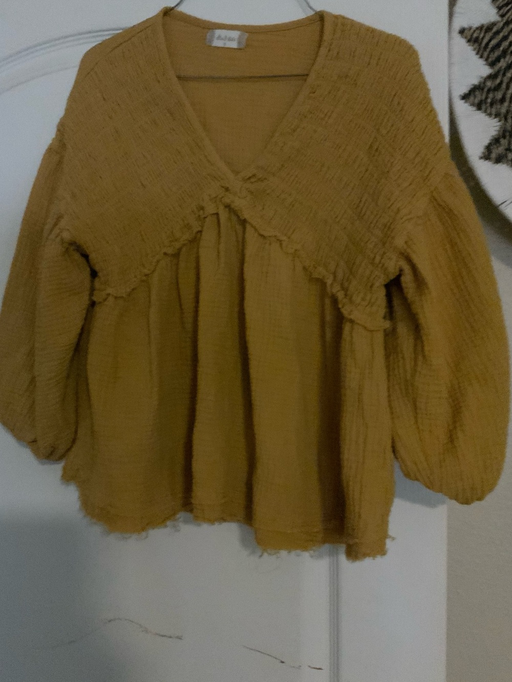 Mustard V-Neck Textured gauze Peasant Top